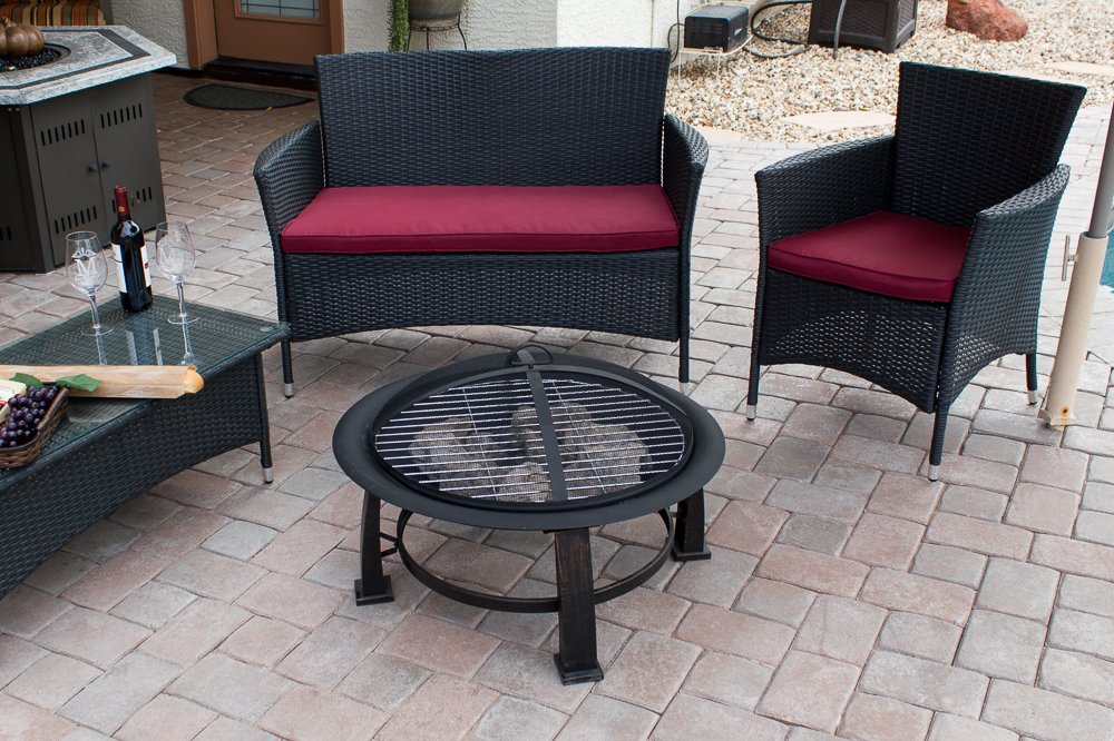 Hiland F FT-235 Wood Burning Fire Pit w/Cooking Grate and Domed Mesh, 30", Black