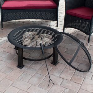 Hiland F FT-235 Wood Burning Fire Pit w/Cooking Grate and Domed Mesh, 30", Black