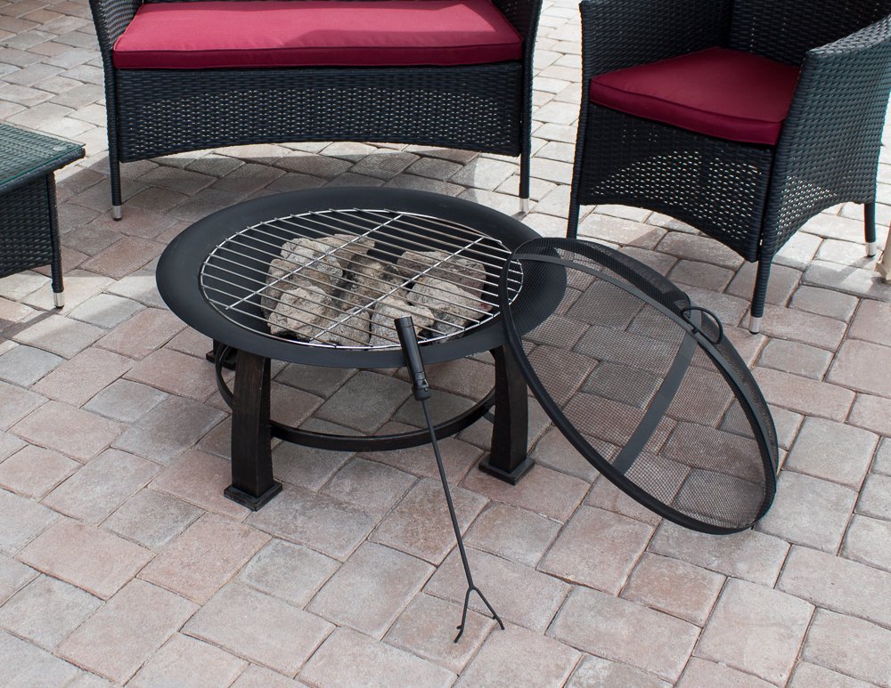 Hiland F FT-235 Wood Burning Fire Pit w/Cooking Grate and Domed Mesh, 30", Black