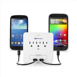 cable matters 3-outlet wall mount surge protector with usb charging and slide-out smartphone holders