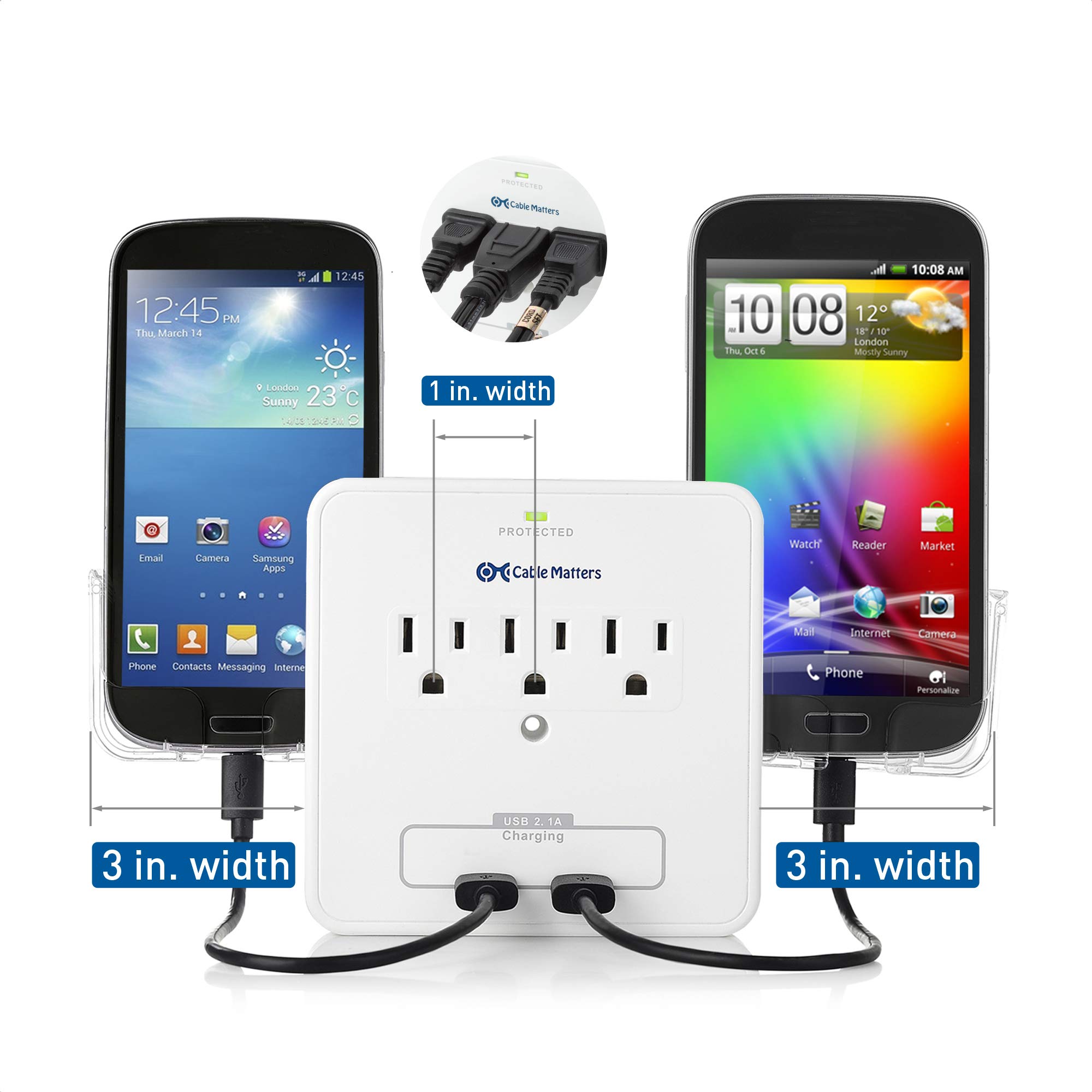 Cable Matters 3-Outlet Wall Mount Surge Protector with USB Charging and Slide-Out Smartphone Holders