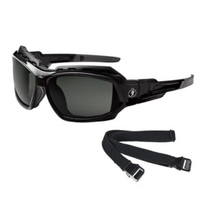 ergodyne skullerz loki convertible polarized safety sunglasses, smoke lens-includes gasket and strap to convert to goggle, polarized smoke lens, black frame