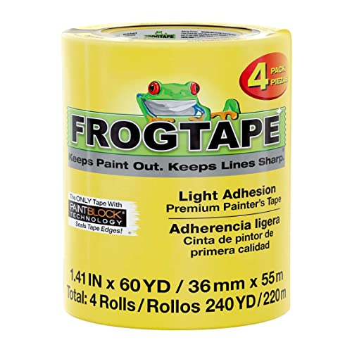 FrogTape Delicate Surface Painter's Tape With PaintBlock, 1.41 Inch x 60 Yards, 4-Pack, Yellow (240662)