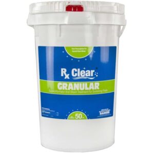 rx clear stabilized granular chlorine | one 50-pound bucket | use as bactericide, algaecide, and disinfectant in swimming pools and spas | fast dissolving and uv protected