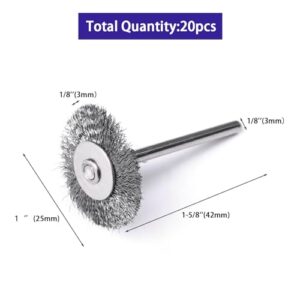 ATOPLEE Wire Wheel Brush Set,20pcs 1 Inch Mini Wire Wheel with 1/8 Inch Round Shank,Crimped Wire Brush Wheel for Rust Removal, Corrosion and Scrub Surfaces,for Drill Attachment