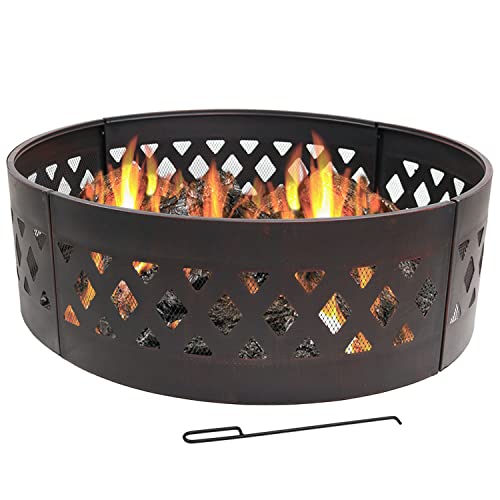 Sunnydaze Crossweave 36-Inch Round Heavy-Duty Steel Fire Ring with Fire Poker