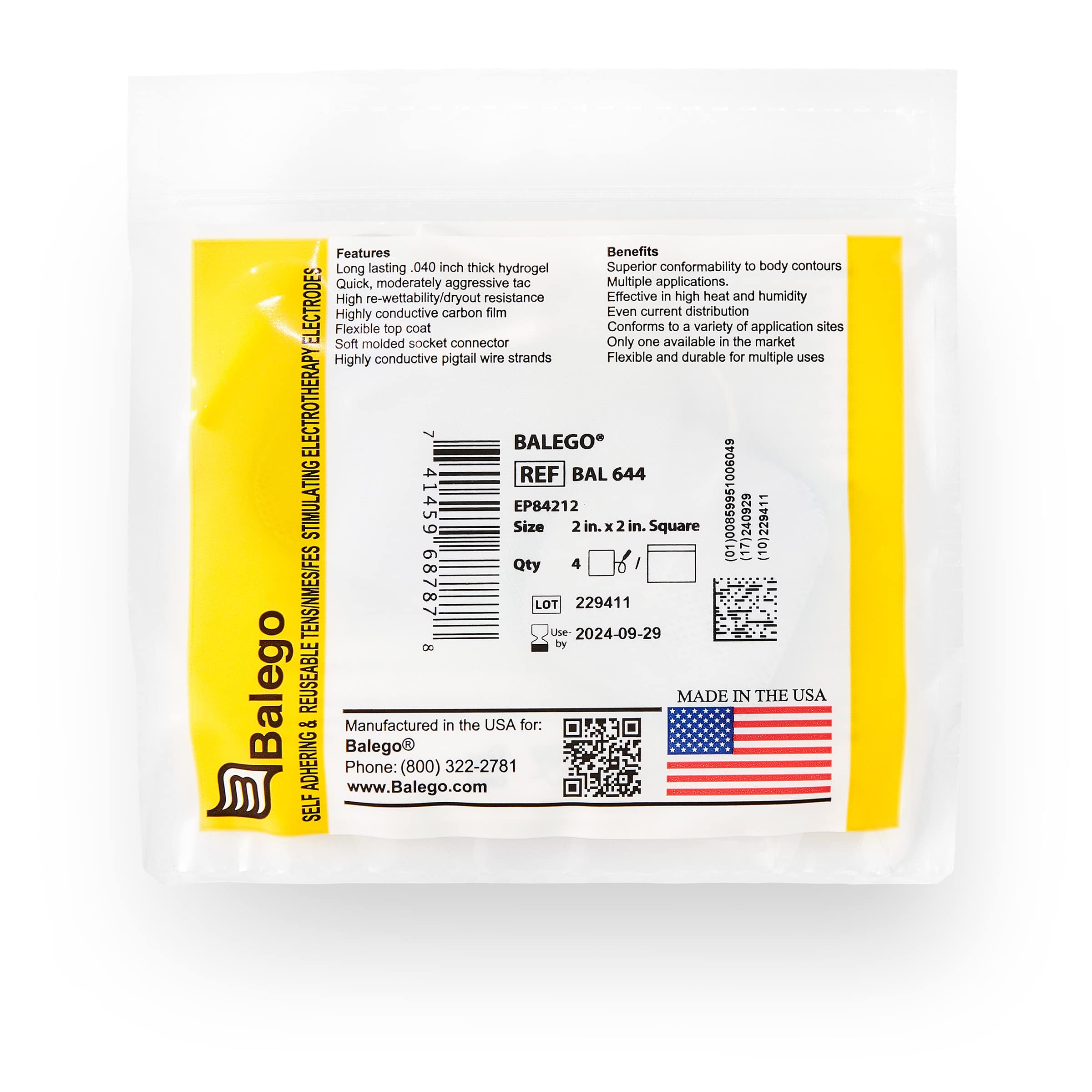 Balego® 2 inch Square, Manufactured in The U.S.A. with American Made raw Materials. 40 Pack (10 Packs of 4 Each) Carbon Conductor with Long Lasting .040 inch Thick hydrogel for Multiple Applications.