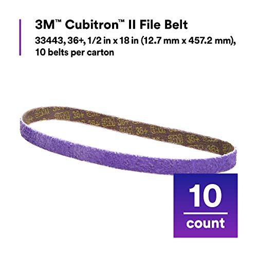 3M Cubitron II File Belt, 33445, 60+ Grit, 1/2 in x 18 in, Pack of 10 File Belts, Resin Bonded, Spot Weld Removal