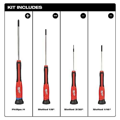 Milwaukee 48-22-2604 4-Piece Precision Screwdriver Set with 360 Degree Rotating Back Caps and Color Coded Identification Markings