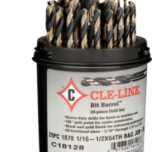 Cle-Line C18128 Bit Barrel Style 1878 High Speed Steel Jobber Length Drill Set, Black and Gold Finish, 1/16" - 1/2" Size, 29 Pieces