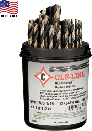 Cle-Line C18128 Bit Barrel Style 1878 High Speed Steel Jobber Length Drill Set, Black and Gold Finish, 1/16" - 1/2" Size, 29 Pieces