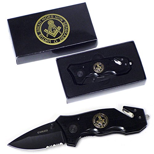 TG,LLC Treasure Gurus Freemason Folding Black Pocket Knife w/Seat Belt/Rope Cutter