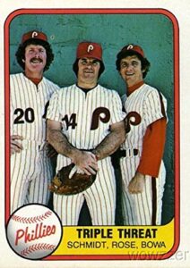 pete rose, mike schmidt, larry bowa 1981 fleer #645 triple threat shipped in ultra pro top loader to protect it!