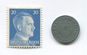 rare nazi swastika 1 reichspfennig german coin world war 2 ww2 with blue hitler head stamp mnh