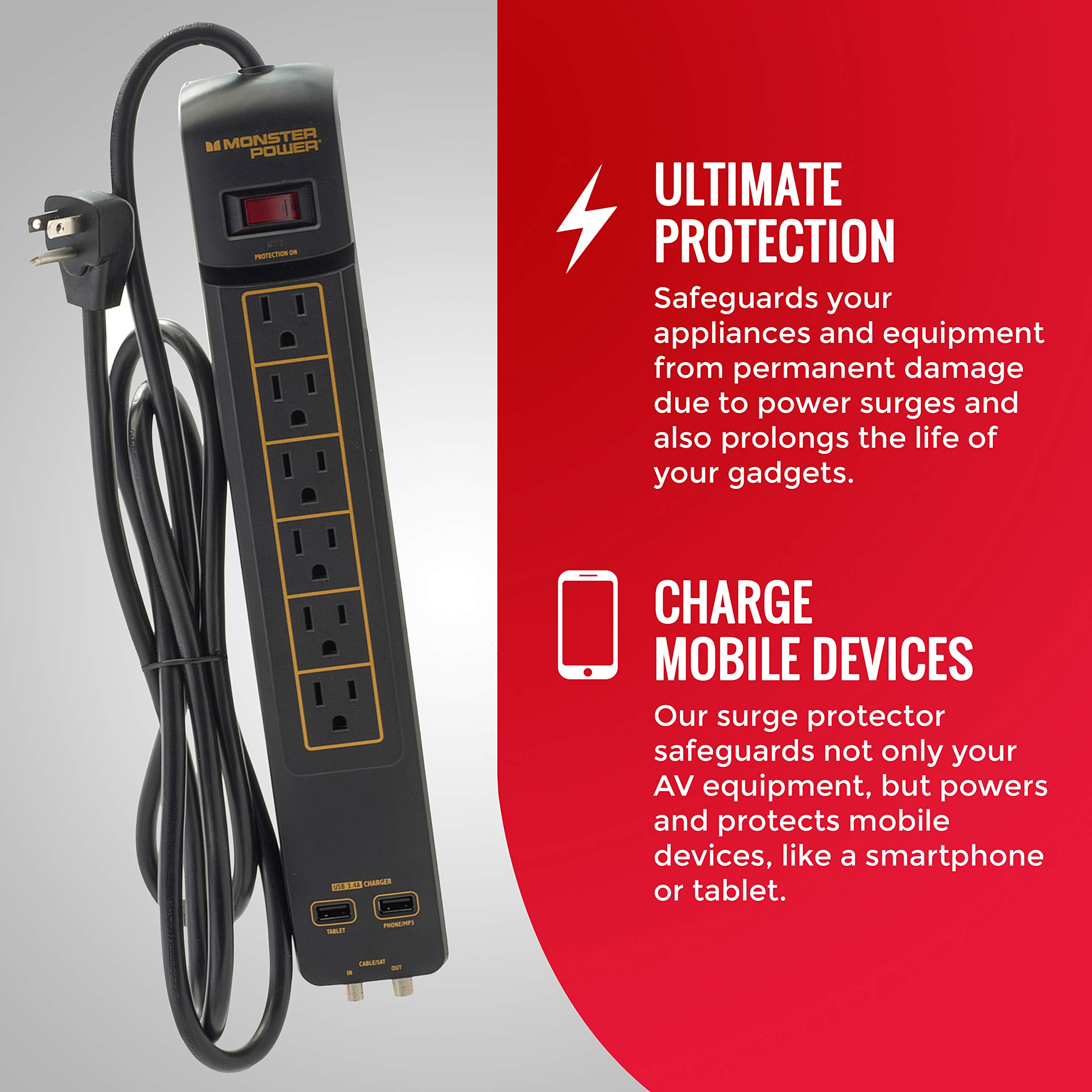 Monster Power Surge Protector 6-Outlet Power Strip, Gold 600 AVU+