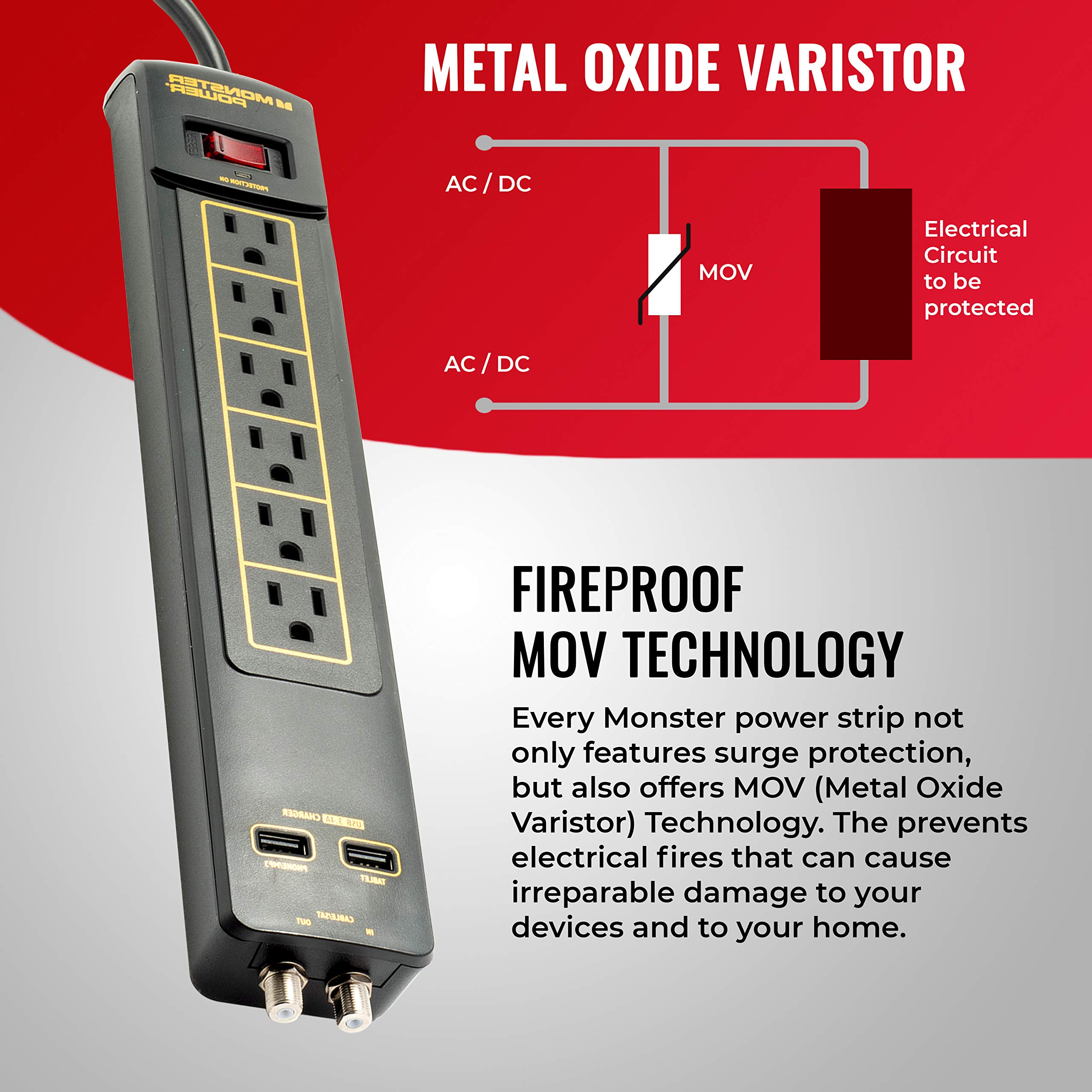 Monster Power Surge Protector 6-Outlet Power Strip, Gold 600 AVU+