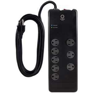 power gear 8 outlet power strip surge protector, 7 ft extension cord, 2100 joules, twist-to-close safety outlet covers, 3 adapter-spaced outlets, on/off switch, automatic shutdown, black, 12996