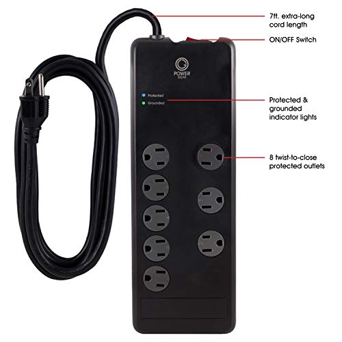 Power Gear 8 Outlet Power Strip Surge Protector, 7 Ft Extension Cord, 2100 Joules, Twist-to-Close Safety Outlet Covers, 3 Adapter-Spaced Outlets, On/Off Switch, Automatic Shutdown, Black, 12996