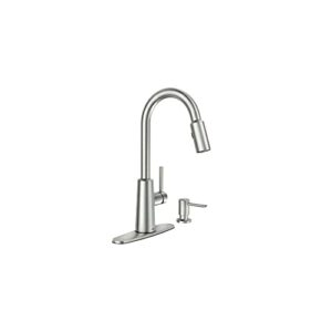 moen 87066srs pullout spray high-arc kitchen faucet with soap dispenser from the nori collection,
