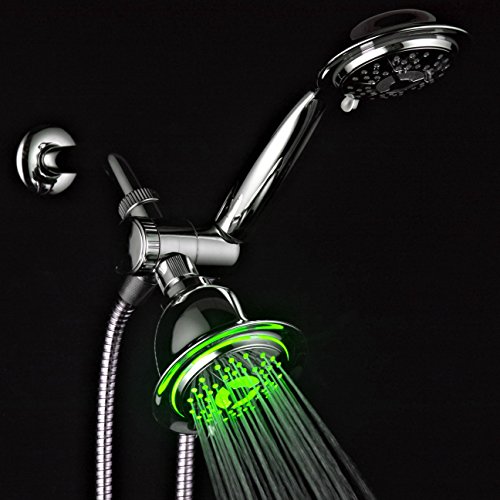 Dream Spa All Chrome 3-way LED Shower Head Combo with Air Jet LED Turbo Pressure-Boost Nozzle Technology. Color of LED lights changes automatically according to water temperature