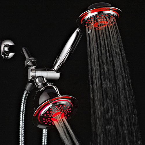 Dream Spa All Chrome 3-way LED Shower Head Combo with Air Jet LED Turbo Pressure-Boost Nozzle Technology. Color of LED lights changes automatically according to water temperature