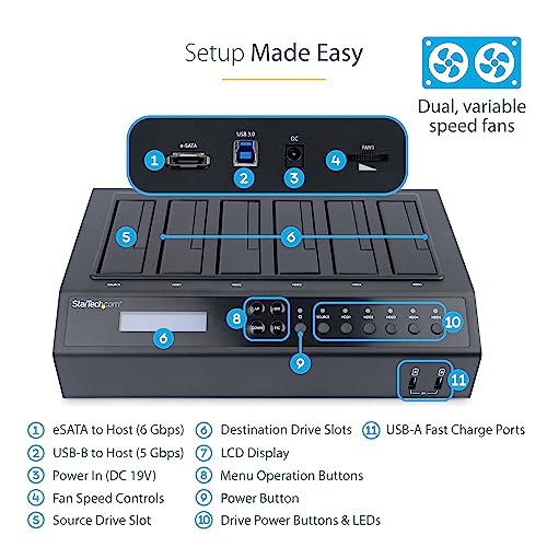 StarTech.com 6-Bay Hard Drive Duplicator/Eraser, Standalone 1:5 HDD/SSD Cloner/Copier, USB 3.0/eSATA to SATA Docking Station, Disk Sanitizer/Wiper, DOD Erasing, Cloning Toolless Device (SATDOCK5U3ER)