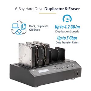 StarTech.com 6-Bay Hard Drive Duplicator/Eraser, Standalone 1:5 HDD/SSD Cloner/Copier, USB 3.0/eSATA to SATA Docking Station, Disk Sanitizer/Wiper, DOD Erasing, Cloning Toolless Device (SATDOCK5U3ER)