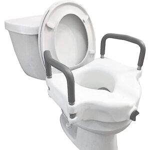 cardinal health probasics raised toilet seat with lock and arms, 350 lb weight capacity.