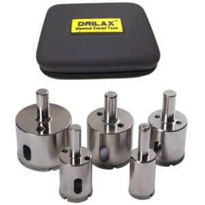 drilax diamond hole saw set 3/4 inch, 1 inch, 1-1/4, 1-1/2, 1-3/4 inch extra long cuts with insert guide included 5 pcs diamond drill bit tile ceramic porcelain glass granite quartz
