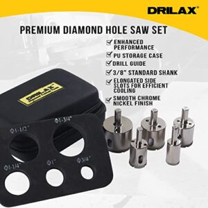 DRILAX Diamond Hole Saw Set 3/4 inch, 1 inch, 1-1/4, 1-1/2, 1-3/4 Inch Extra Long Cuts with Insert Guide Included 5 PCS Diamond Drill Bit Tile Ceramic Porcelain Glass Granite Quartz