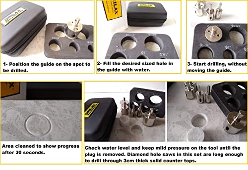 DRILAX Diamond Hole Saw Set 3/4 inch, 1 inch, 1-1/4, 1-1/2, 1-3/4 Inch Extra Long Cuts with Insert Guide Included 5 PCS Diamond Drill Bit Tile Ceramic Porcelain Glass Granite Quartz