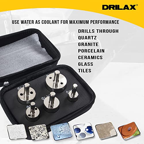 DRILAX Diamond Hole Saw Set 3/4 inch, 1 inch, 1-1/4, 1-1/2, 1-3/4 Inch Extra Long Cuts with Insert Guide Included 5 PCS Diamond Drill Bit Tile Ceramic Porcelain Glass Granite Quartz