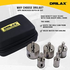 DRILAX Diamond Hole Saw Set 3/4 inch, 1 inch, 1-1/4, 1-1/2, 1-3/4 Inch Extra Long Cuts with Insert Guide Included 5 PCS Diamond Drill Bit Tile Ceramic Porcelain Glass Granite Quartz