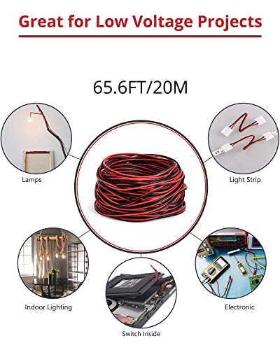 65.6ft Extension Cable Wire Cord JACKYLED 20M 22AWG Wire Cord for Single Color LED Strips 22/2 Low Voltage Extension, Black and Red