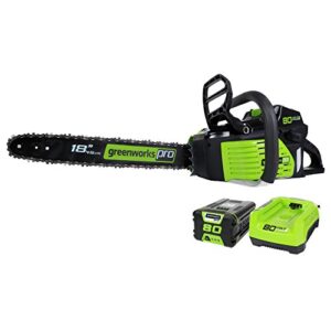 greenworks 80v 18" brushless cordless chainsaw (great for tree felling, limbing, pruning, and firewood) / 75+ compatible tools), 2.0ah battery and rapid charger included