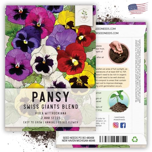 Seed Needs, Swiss Giants Pansy Seeds - 600 Heirloom Seeds for Planting Viola wittrockiana - Annual, Edible Flowers, Attracts Butterflies (2 Packs)