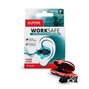 alpine worksafe construction earplugs for adult - reusable ear protection for work & diy - comfortable hypoallergenic filter for noise reduction - 23db - with safety cord black