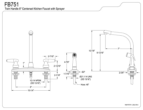 Kingston Brass FB751 7-Inch in Spout Reach Americana 8-Inch Centerset Kitchen Faucet with White Sprayer, Polished Chrome