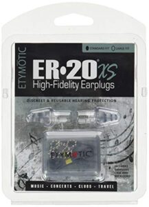 etymotic research er20xs high-fidelity earplugs (concerts, musicians, airplanes, motorcycles, sensitivity and universal hearing protection) - standard, clear stem/frost tips (4 piece set)