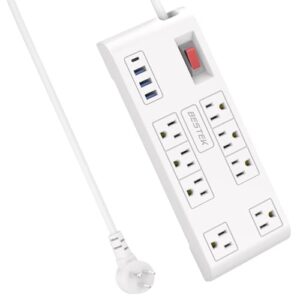 bestek 8 ac outlet, 5 feet extension cord power strip with 3 usb-a 2.4a 1usb-c 3a, max output 1625w 13a, 600joule, ultra-compact wide spaced outlet for large plug