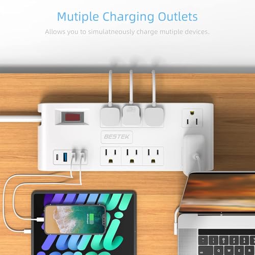 BESTEK 8 AC Outlet, 5 Feet Extension Cord Power Strip with 3 USB-A 2.4A 1USB-C 3A, MAX Output 1625W 13A, 600Joule, Ultra-Compact Wide Spaced Outlet for Large Plug