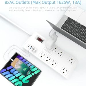 BESTEK 8 AC Outlet, 5 Feet Extension Cord Power Strip with 3 USB-A 2.4A 1USB-C 3A, MAX Output 1625W 13A, 600Joule, Ultra-Compact Wide Spaced Outlet for Large Plug