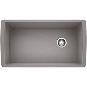 blanco 441770 bowl diamond silgranit super single undermount kitchen sink, 33.5" l x 18.5" w x 9.5" d, metallic gray