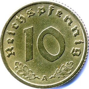 Penny Authentic Antique Nazi Germany 10 Reichspfennig Brass Swastika Coin