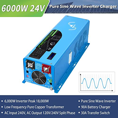 SUNGOLDPOWER 6000W Inverter Charger, 24 Vdc and 240 Vac Input, 120V/240V AC Output Split Phase,Low Frequency,Peak 18000w,Pure Sine Wave Inverter with LCD Remote Panel(Updated Version)