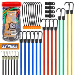 cartman 32 piece bungee cords assortment jar includes 10" 18" 24" 32" 40" bungee cord with hooks, 8" canopy tarp ball ties and tarp clips