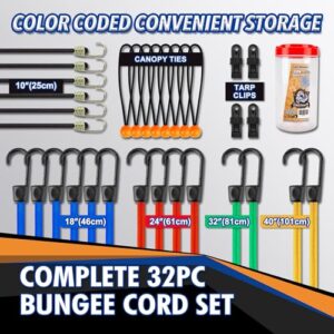 Cartman 32 Piece Bungee Cords Assortment Jar Includes 10" 18" 24" 32" 40" Bungee Cord with Hooks, 8" Canopy Tarp Ball Ties and Tarp Clips