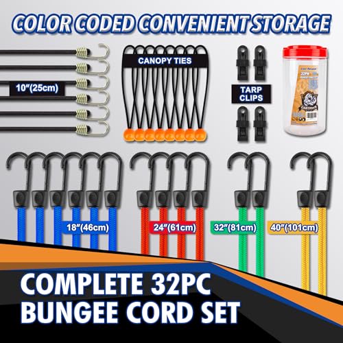 Cartman 32 Piece Bungee Cords Assortment Jar Includes 10" 18" 24" 32" 40" Bungee Cord with Hooks, 8" Canopy Tarp Ball Ties and Tarp Clips