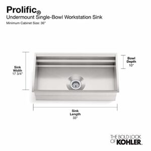 KOHLER 5540-NA Prolific 33 Inch Workstation Stainless Steel Single Bowl Kitchen Sink with Included Accessories, Undermount Installation, Stainless Steel