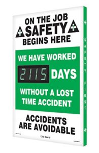 accuform sck115 aluminum digi-day electronic scoreboard, "on the job safety begins here - we have worked #### days without a lost time accident - accidents are avoidable"